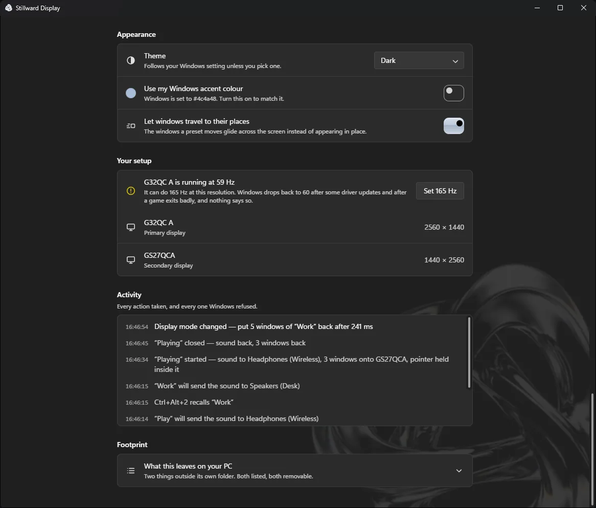 The setup report, showing a monitor running below the refresh rate its panel supports